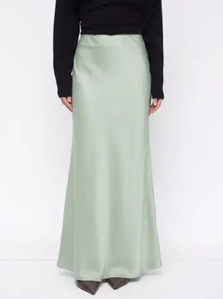 Satin Mid Rise Ruffle Maxi Skirt