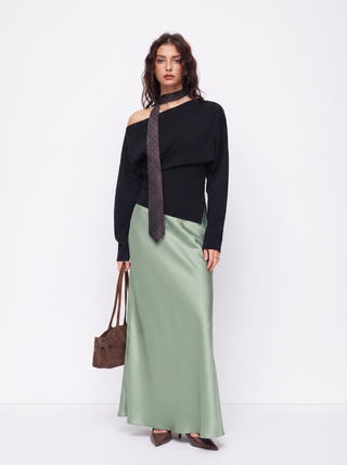 Satin Mid Rise Ruffle Maxi Skirt