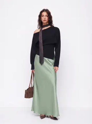 Satin Mid Rise Ruffle Maxi Skirt