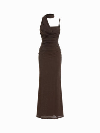 Mesh Halter Neckline Ruched Maxi Dress With Scarf