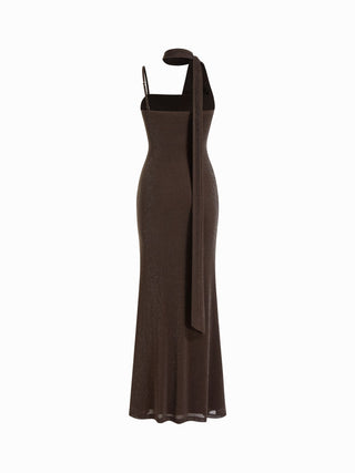Mesh Halter Neckline Ruched Maxi Dress With Scarf