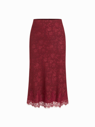 Jacquard Mid Rise Floral Lace Trim Mermaid Midi Skirt