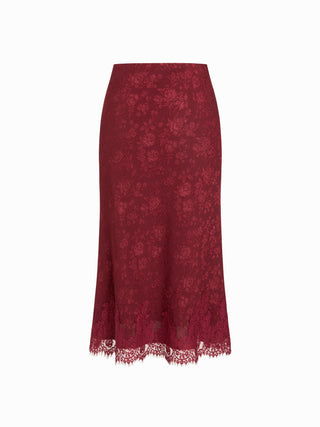 Jacquard Mid Rise Floral Lace Trim Mermaid Midi Skirt