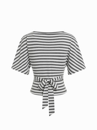 Lyocell-blend Striped V-neck Cloak Sleeve Ruched Tie Back Top