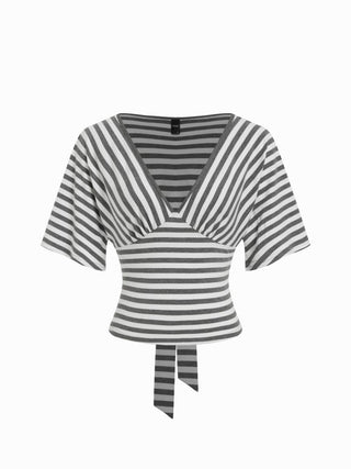 Lyocell-blend Striped V-neck Cloak Sleeve Ruched Tie Back Top