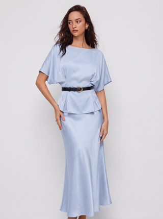 Satin Batwing Sleeve Top & Mid Rise Mermaid Skirt Set with Belt