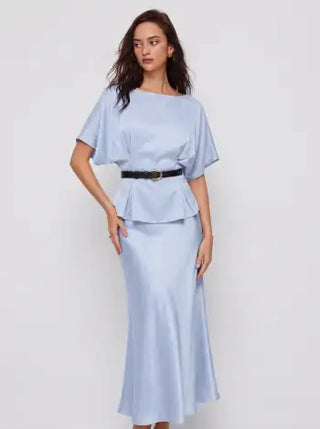 Satin Batwing Sleeve Top & Mid Rise Mermaid Skirt Set with Belt