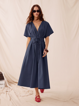Linen-blend V-neck Pleated Knotted A-line Maxi Dress