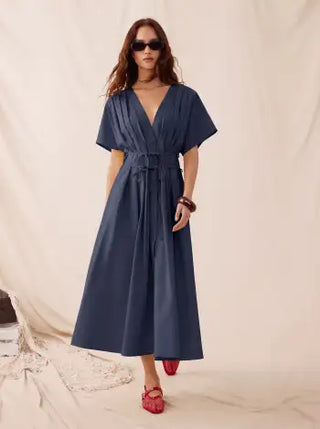Linen-blend V-neck Pleated Knotted A-line Maxi Dress