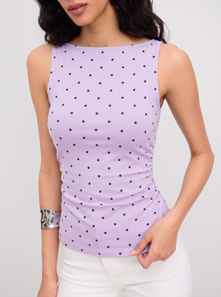 Cotton-blend Boat Neck Knotted Polka Dot Ruched Tank Top