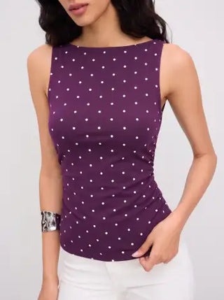 Cotton-blend Boat Neck Knotted Polka Dot Ruched Tank Top
