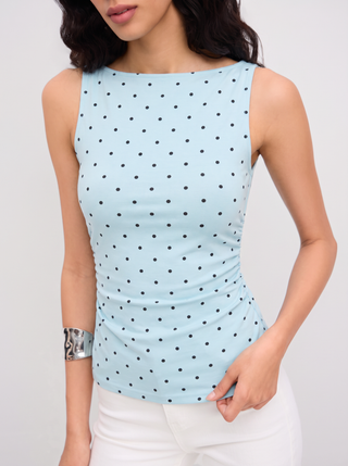 Cotton-blend Boat Neck Knotted Polka Dot Ruched Tank Top