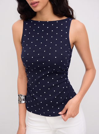 Cotton-blend Boat Neck Knotted Polka Dot Ruched Tank Top