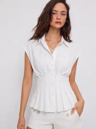 Linen-blend Pleated Button Blouse