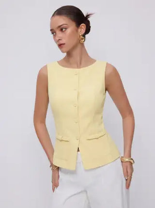 Boat Neck Button Front Flap Detail Blazer Vest