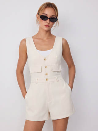Stripe V-neck Flap Detail Mid Rise Romper