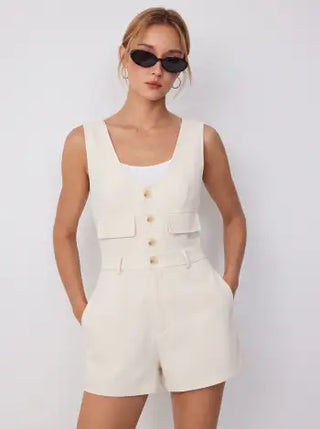 Stripe V-neck Flap Detail Mid Rise Romper