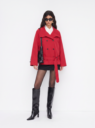 Multi-way Cotton Funnel Neck Double Breasted Oversized Windbreaker With Belt