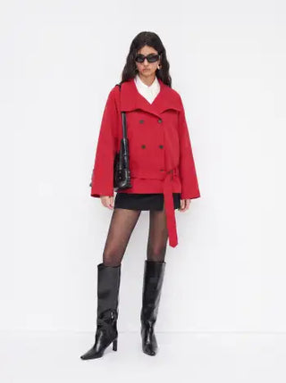 Multi-way Cotton Funnel Neck Double Breasted Oversized Windbreaker With Belt