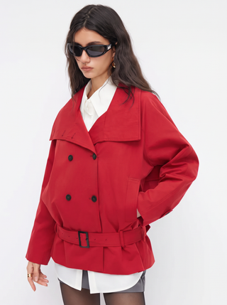 Multi-way Cotton Funnel Neck Double Breasted Oversized Windbreaker With Belt