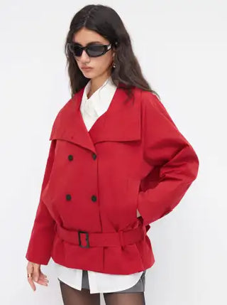 Multi-way Cotton Funnel Neck Double Breasted Oversized Windbreaker With Belt