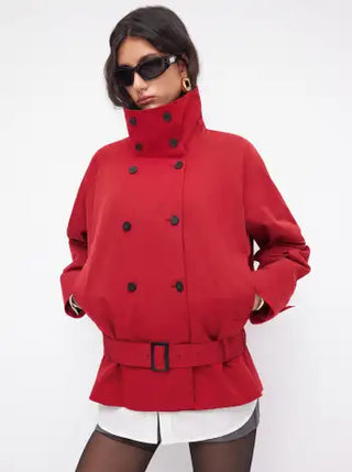 Multi-way Cotton Funnel Neck Double Breasted Oversized Windbreaker With Belt