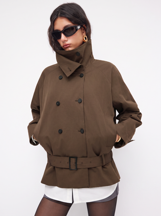 Multi-way Cotton Funnel Neck Double Breasted Oversized Windbreaker With Belt