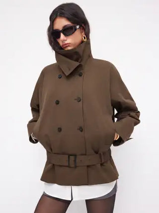 Multi-way Cotton Funnel Neck Double Breasted Oversized Windbreaker With Belt