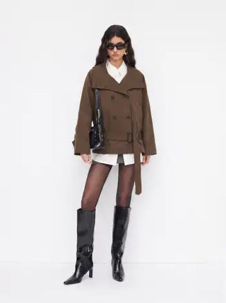 Multi-way Cotton Funnel Neck Double Breasted Oversized Windbreaker With Belt