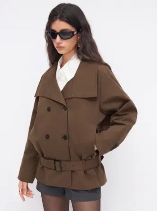 Multi-way Cotton Funnel Neck Double Breasted Oversized Windbreaker With Belt
