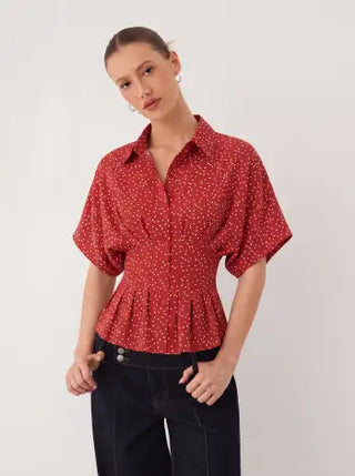 Chiffon Polka Dot Ruched Cinched Waist Batwing Sleeve Blouse