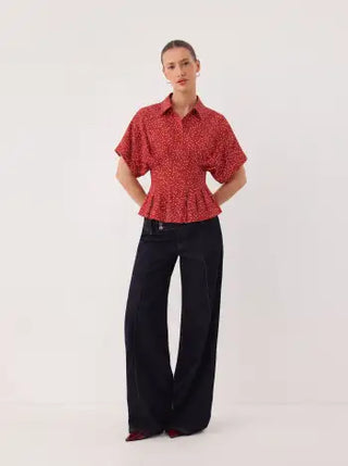 Chiffon Polka Dot Ruched Cinched Waist Batwing Sleeve Blouse
