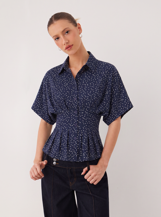 Chiffon Polka Dot Ruched Cinched Waist Batwing Sleeve Blouse