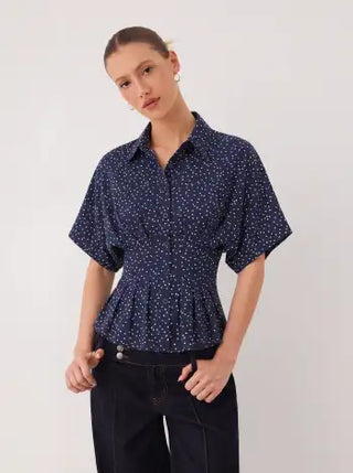 Chiffon Polka Dot Ruched Cinched Waist Batwing Sleeve Blouse