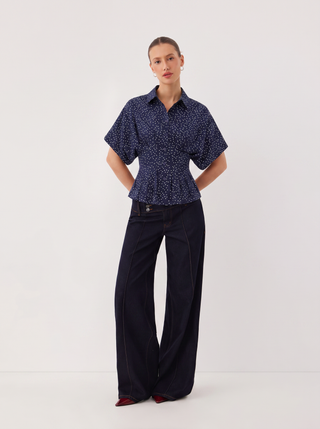 Chiffon Polka Dot Ruched Cinched Waist Batwing Sleeve Blouse