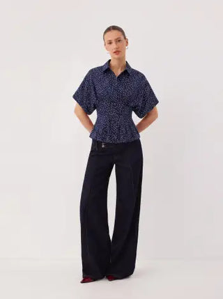 Chiffon Polka Dot Ruched Cinched Waist Batwing Sleeve Blouse