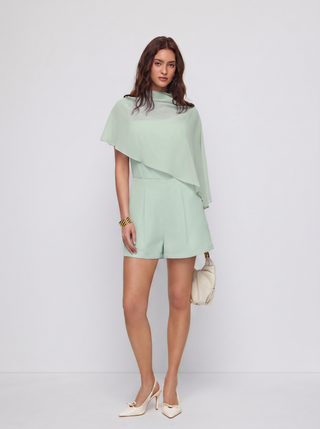 High Neck Asymmetrical Cloak Sleeve Poncho Top & Mid Rise Romper Set