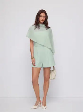 High Neck Asymmetrical Cloak Sleeve Poncho Top & Mid Rise Romper Set