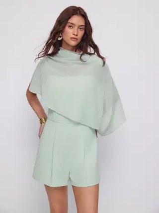 High Neck Asymmetrical Cloak Sleeve Poncho Top & Mid Rise Romper Set