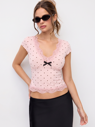Cotton-blend Polka Dot V-neck Short Sleeve Lace Trim Bowknot Top