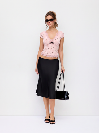 Cotton-blend Polka Dot V-neck Short Sleeve Lace Trim Bowknot Top