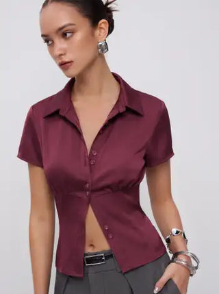 Satin Short Sleeve Ruched Corset Blouse