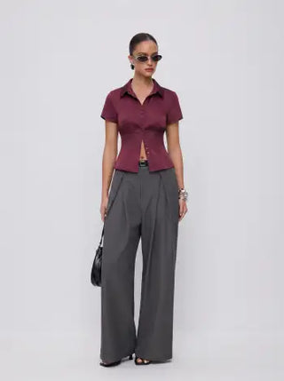 Satin Short Sleeve Ruched Corset Blouse