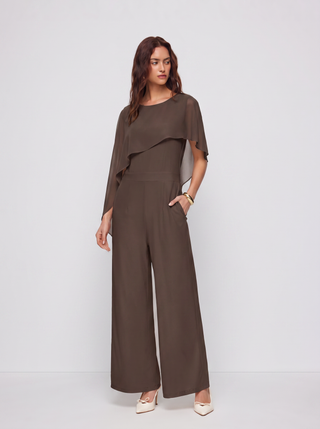 Asymmetrical Cloak Sleeve Mid Rise Wide Leg Jumpsuit With Cape