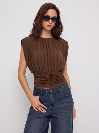 Draped Ruched Round Neckline Sleeveless Top