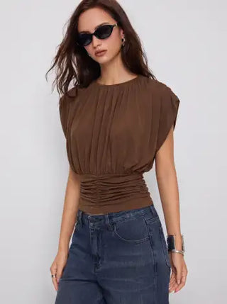 Draped Ruched Round Neckline Sleeveless Top