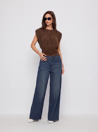 Draped Ruched Round Neckline Sleeveless Top