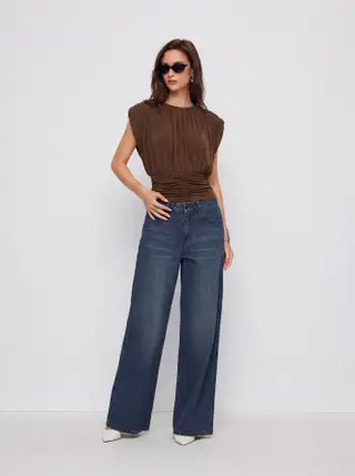 Draped Ruched Round Neckline Sleeveless Top