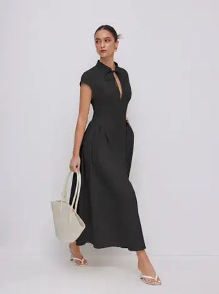Stand Collar Tie-Neck Short Sleeve Draped Pocket Flared Maxi Dress
