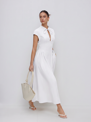 Stand Collar Tie-Neck Short Sleeve Draped Pocket Flared Maxi Dress